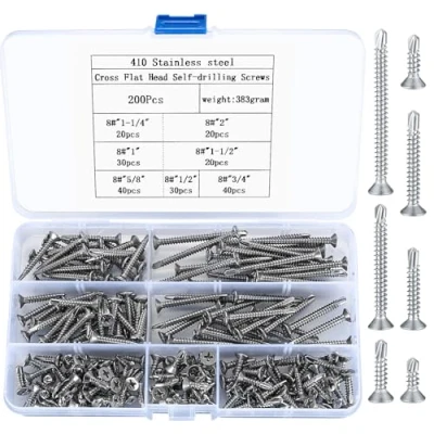 Afbeelding van Set van 200 zelfborende schroeven hoogwaardig roestvrij staal, ideaal voor verschillende toepassingen, M4,2 x 13 mm/16 mm/19 mm/25 mm/32 mm/38 mm/50 mm