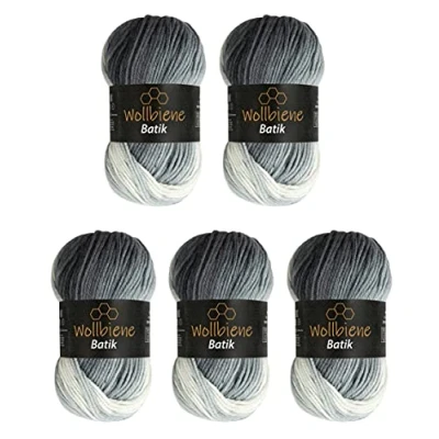 Afbeelding van Wollbiene Set van 5 bolletjes Batik wol 100 g 500 Met kleurverloop Multicolour 5000 Zwart, grijs wit)