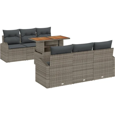 Afbeelding van vidaXL 7 delige Tuin Eetset met Kussens Grijs Poly Riet Acacia