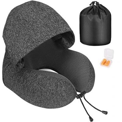 Afbeelding van Eono Nekkussen voor Vliegtuig, Travel Pillow Met Capuchon, Memory Foam Reis Volwassenen, Verstelbaar &amp; Compact Vlucht Kussen, Ergonomisch Nekkussen, Oordopjes en Draagtas