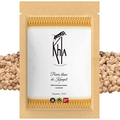 Image de Khla Poivre Blanc de Kampot Bio Sachet en Grains IGP 70g Recharge Moulin Grand Cru, Fort &amp; Puissant Ingrédient Cuisine Direct Producteur Épice Asie Origine Cambodge