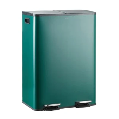Afbeelding van CASABEL Afvalemmer, 60 l, afvalbak, 2 x 30 met pedaal, roestvrij staal, donkergroen, anti vingerafdruk, dubbele vakken, afvalemmer keuken, afneembare bakken, handgrepen, stil deksel