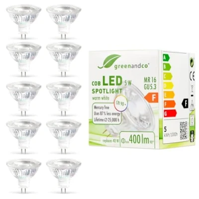 Afbeelding van 10x greenandco®, IRC 90+, LED spot, MR16, GU5.3, 5 W, vervangt 40 400 lm, 3000 K, warmwit, COB LED, 38 graden, 12 V AC/DC, niet dimbaar