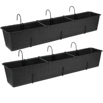Afbeelding van Tymar Set van 2 balkonbakken met standaard Kunststof Rotan Antraciet 80 cm