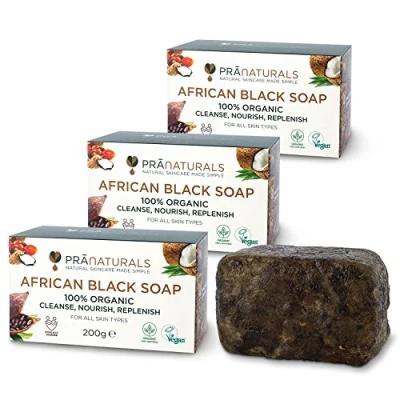 Afbeelding van PraNaturals Zwarte Afrikaanse biologische zeep, 100% biologisch, 3 x 200 g, ethisch en handgemaakt in Ghana, voor alle huidtypes