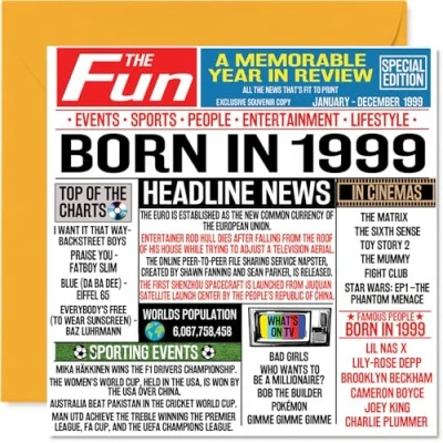 Image de stuff4 Cartes d&#039;anniversaire 25 ans pour homme et femme Journal Born In 1999 Carte fils, fille, cousin, vintage, rétro, 145 mm x