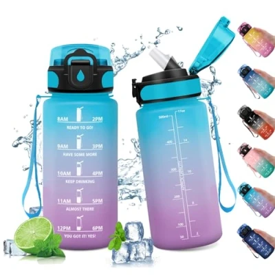 Image de bouteille d&#039;eau 500 ml, de gymnastique sans fuite, avec paille, indicateur temps motivation, réutilisable, pour enfants, fitness, cyclisme