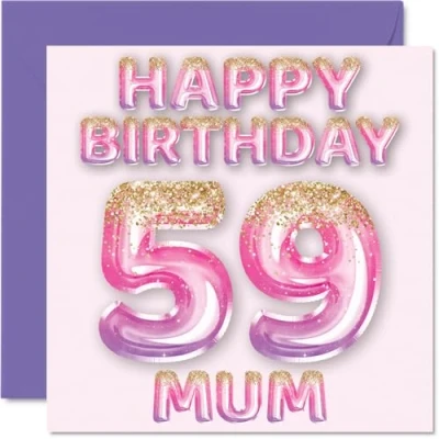 Afbeelding van Verjaardagskaart voor moeder 59e verjaardag roze en paarse glitterballonnen verjaardagskaarten 59 jaar, van zoon, dochter, 145 mm x