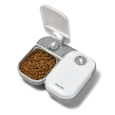 Afbeelding van Closer Pets C200 Automatische voerbak voor huisdieren met 2 maaltijden en roestvrijstalen bakjes katten kleine honden, nat droogvoer wit