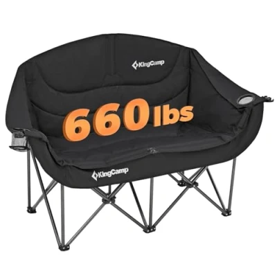 Afbeelding van KingCamp campingstoel, opvouwbaar, voor 2 personen, maximale belasting 300 kg, gevoerd, zits, volwassenen, draagbaar, duurzaam, tuin, picknick, feest, zwart