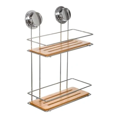 Afbeelding van Doucherekje/badkamerrekje 2 lagen metaal/bamboe hout met zuignappen 25 x 13 36 cm Opberg rekjes voor shampoo/douchegel