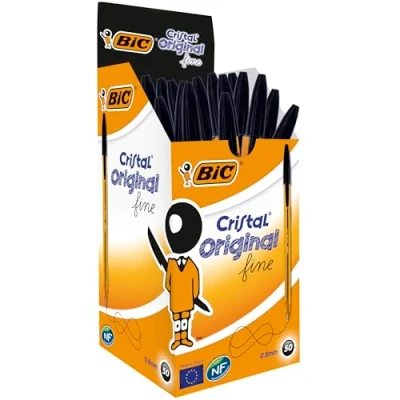 Image de BIC Cristal Original Stylos Bille Pointe Fine (0,8 mm) Noir, Boîte de 50