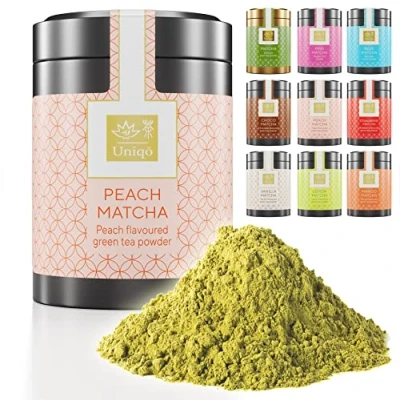 Afbeelding van Tea Uniqo Matcha perzikthee, ideaal om te drinken, voor ijs, latte, milkshakes, mee koken, Japans groenetheepoeder met perziksmaak, zonder kunstmatige kleurstoffen, in een elegante doos