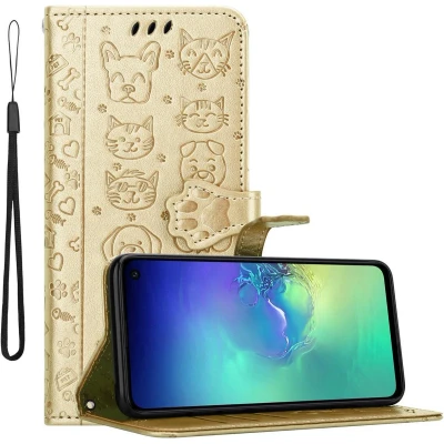 Afbeelding van Cadorabo Hoesje geschikt voor Samsung Galaxy S10e in SHINY GOUD Beschermhoes honden en katten met standfunctie kaartsleuven Book Case Cover Etui