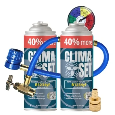 Afbeelding van ClimaSet R1234yf navulverpakking voor airconditioning 2 x 235 g met slang, manometer en adapter HP/LP auto Eco
