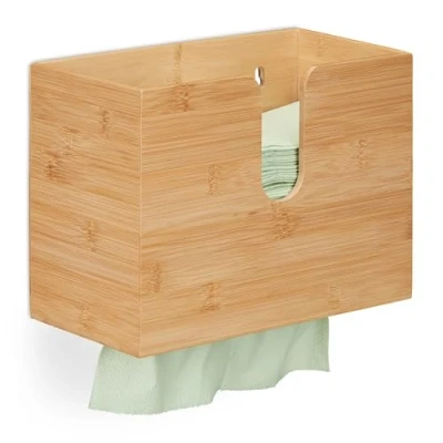 Afbeelding van Relaxdays handdoek dispenser bamboe papieren handdoekjes houder interfold
