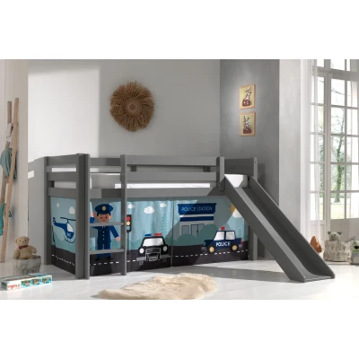 Afbeelding van LUCEVI Pino Halfhoogslaper H115CM + Ladder Glijbaan Police Gordijntjes Grijs 90x200 cm