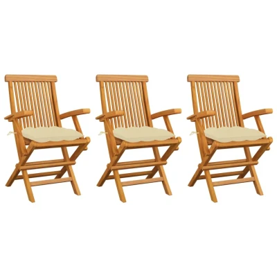 Afbeelding van Tuinstoelen 3 st met crèmewitte kussens massief teakhout