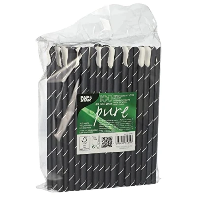 Afbeelding van Papstar Papieren drinkrietje met lepel &quot;&quot;puur&quot;&quot;, 200 mm, Zwart gemaakt van papier, lengte: Stro,