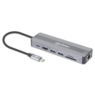 Afbeelding van Manhattan USB C 7 in 1 Docking station met Power Delivery (USB C, 7 Havens), + hub, Zilver, Zwart