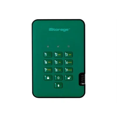 Image de iStorage diskAshur² Disque dur chiffré 3 To externe (portable) USB 3.1 5400 tours/min mémoire tampon : 8 Mo FIPS 197, 256 bit AES XTS vert anglais Conformité TAA