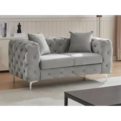 Afbeelding van Vente unique Tweezits Chesterfield bank van lichtgrijs velours EDWINA L 162 cm x H 76 D 91