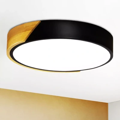 Image de Plafonnier rond avec LED noir et bois diamètre 32 cm