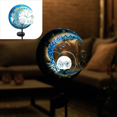 Afbeelding van Gadgy Solar Tuinverlichting Maan met Tuinsteker Buitenlamp Tuinbeeld op Zonneenergie Lamp Tuin, Terras &amp; Balkon Tuinfakkels Zonne Energie Tuinlamp Led Buiten Blauw