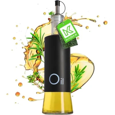 Afbeelding van dispenser voor vloeibare kruiden, glazen fles met stalen elementen, olie, azijn, vinaigrette, oliereservoir, olijfoliedispenser (olie, zwart)
