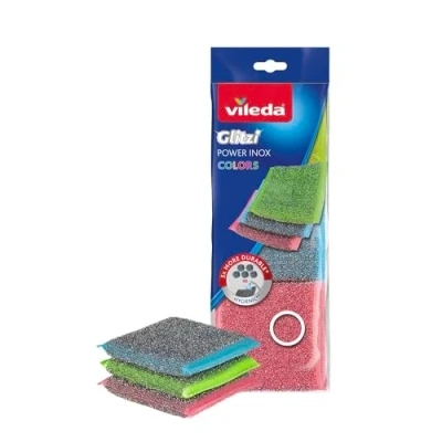 Afbeelding van Vileda Glitzi Power Inox Colors, gekleurde schuurmachines, buitenkant van roestvrij staal, zeer hygiënisch, buitengewone reinigingskracht, duurzaam en duurzaam, verwijdert gemakkelijk vuil resten