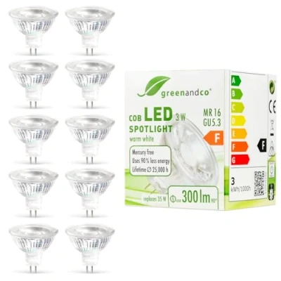 Afbeelding van 10x greenandco®, LED spot, MR16, GU5.3, 3W, vervangt 35W, 300lm, 2700K, warmwit, COB LED, 38, 12V, AC/DC, niet dimbaar