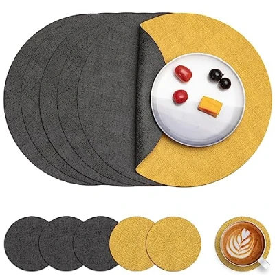 Afbeelding van Myir JUN Placemats van leer en onderzetters, set 6, ronde placemats, antislip, dubbelzijdig, wasbaar, hittebestendig, grijs geel, 6