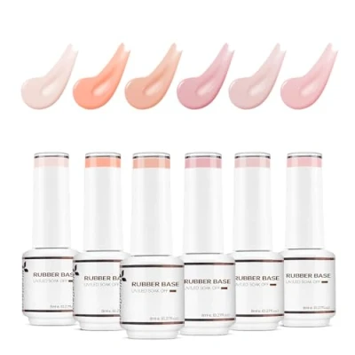 Afbeelding van Nicedeco 4 in 1 rubberen basisgel, transparant, kleurrijk, roze, nude, nagellak, UV, LED, inweken, elastische nagels, versterkt onderlaag, 6 stuks x 8 ml, set 36