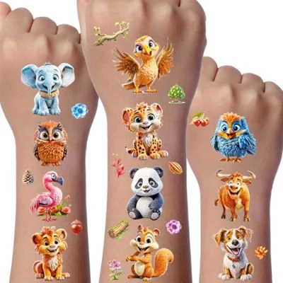 Afbeelding van Tattoo voor kinderen, pailletten, 12 vellen, tijdelijke tatoeages, dieren, jongens, cadeaus boerderijdieren Gungle verjaardag, kinderen
