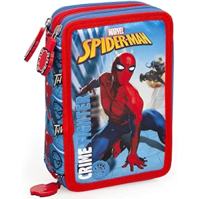 Afbeelding van Clondo Drievoudig gevuld etui, 44 schoolaccessoires, 3 ritssluitingen, 20 cm, Spiderman, pennenhouder