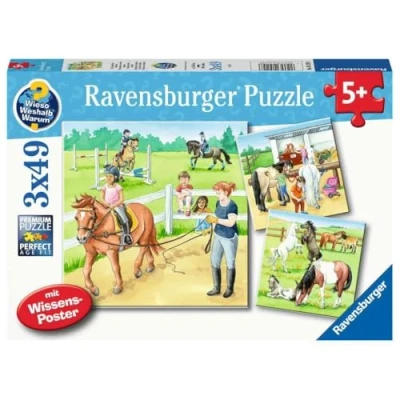 Afbeelding van Ravensburger puzzel Een dag op de manege 3 x 49 stukjes kinderpuzzel