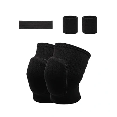 Afbeelding van 2 kniebeschermers van dikke spons, 1 sporthoofdband en sportpolsbeschermers, zachte sportkniebeschermers, antislip kniebeschermers, elastische voor kinderen volwassenen (zwart)