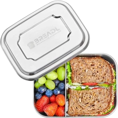 Afbeelding van BREADL® Roestvrijstalen broodtrommel 1000 ml, vaatwasmachinebestendig, BPA vrij, scheidingswand en 2 vakken, lunchbox bento box voor kinderen volwassenen, school, werk, universiteit, wandelen