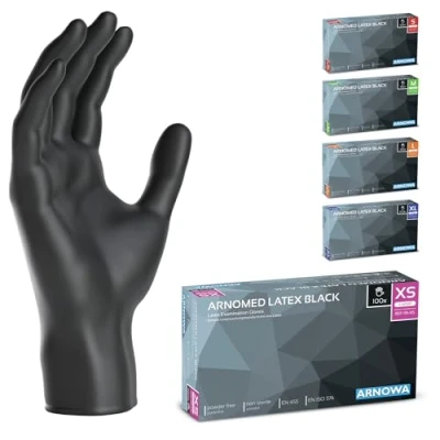 Image de ARNOMED gants jetables en latex à usage unique XS, noir, non poudrés 100 p./boîte, noir jetable, jetable unique, disponibles tailles S, M, L &amp; XL