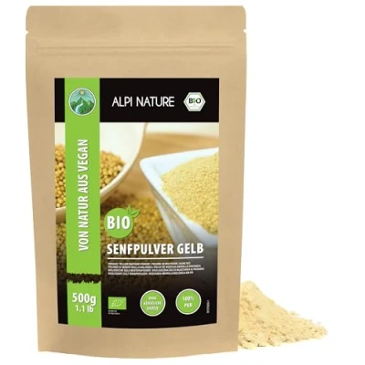 Afbeelding van biologische mosterdpoeder, geel wit (500 g), biologisch mosterdmeel, gemalen mosterdpitten van teelt, 100% natuurlijk zonder additieven, mosterdzaden,