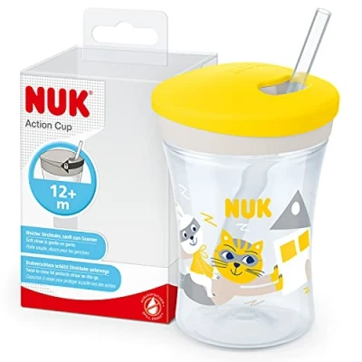 Image de NUK Tasse pour Enfent Action Cup 12+ mois Paille souple avec couvercle à visser Antifuites Sans BPA 230 ml chat (jaune)