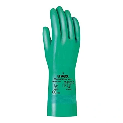 Afbeelding van Handschoen met bescherming tegen chemicaliën uvex profastrong NF33, Katoenen flocking, NBR coating, EN 374/type A, 12 paar