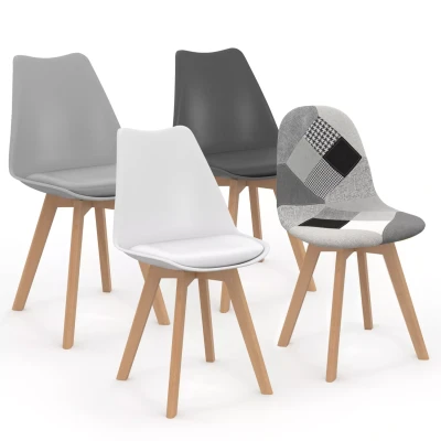 Afbeelding van Lot de 4 chaises scandinaves SARA gris foncé, blanc, noir et patchworks noirs, blancs