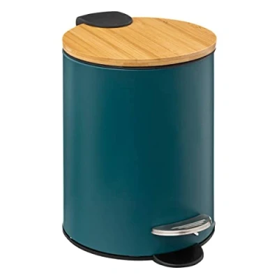 Afbeelding van 5Five Stijlvol &amp; Compact Afvalemmer 3L met Bamboe Deksel Softclose Petrol