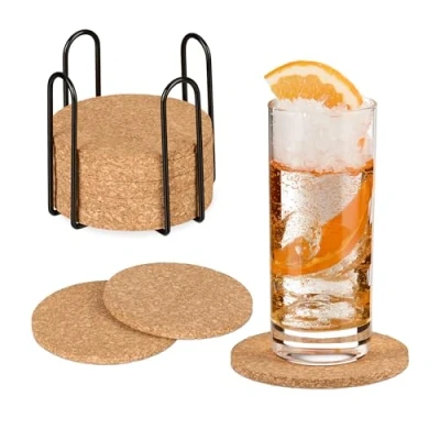 Afbeelding van Relaxdays kurken onderzetters voor glazen set van 16 met houder 10 cm natuur