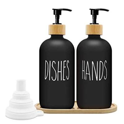 Afbeelding van Zeepdispenser Zwart Mat Set 500 ml Glazen met Dienblad Vloeistofdispenser Servies Shampoo Dispenser voor Keuken en Douche (Zwart x 2)