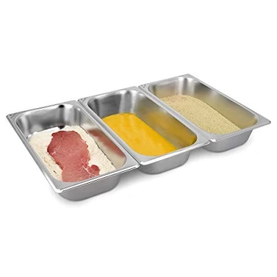 Afbeelding van Navaris roestvrijstalen paneerset 3 stuks Voor paneren van schnitzel, vlees en vis bakken 32,5 x 17,5 6,5cm Stapelbaar Vaatwasbestendig