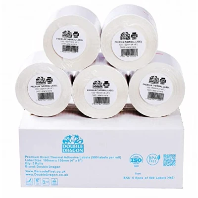 Afbeelding van 5 rollen, 2500 thermische etiketten direct liggend 100 mm x 150 mm, zelfklevend, voor Zebra, MUNBYN, Rollo, TSC, Toshiba, Citizen, directe labelprinter