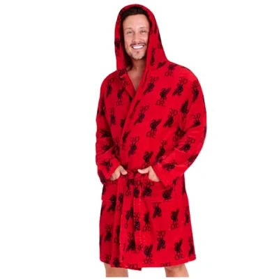 Afbeelding van Liverpool F.C. Fleece badjas met capuchon, zakken, geknoopte riem, comfortabele cadeaus voor hem, Rood