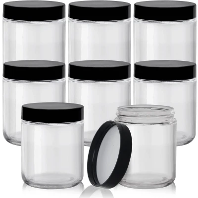 Afbeelding van Belle Vous Doorzichtige Ronde Glazen Voorraadpotten met Zwarte Plastic Deksels (8 Stuks) 240ml Luchtdichte Potten voor Keuken &amp; Huisdecoratie Lotion, Voedsel, Kruiden, Bloem, Suiker Koffiepotten